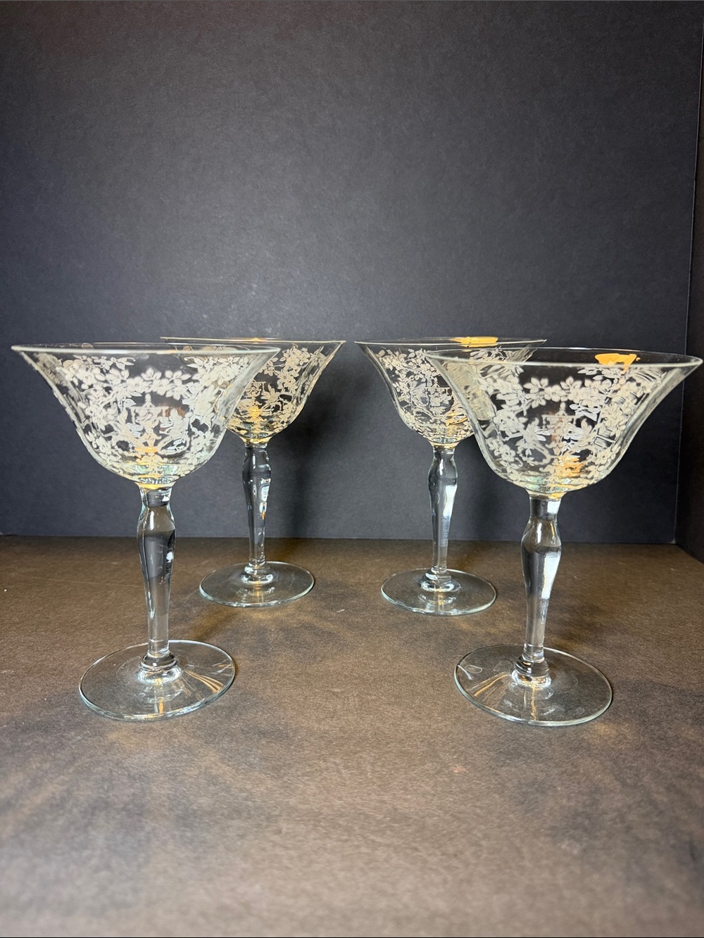(4) Vintage Morgantown Mikado Etched Champagne / Tall Sherbet Glasses 1930s